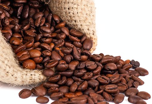 scattered coffee grains on a white background