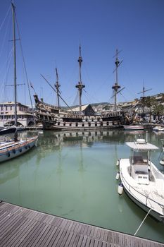 GENOA, ITALY - June 16: Replica of a 17th-century Spanish galleon on June 16, 2012, Genoa, Italy. The Neptune was used in 1985 for Roman Polanski's film Pirates