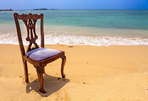 Old, Stylish, Wooden Chair on Tropical Beach, Unawatuna, Sri Lanka