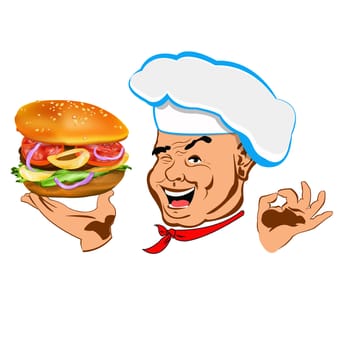 Happy joyful Chef and big hamburger