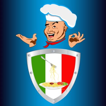 Happy joyful Chef and traditional Italian spaghetti