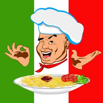 Happy joyful Chef and traditional Italian spaghetti