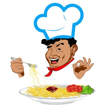 Happy joyful Chef and traditional Italian spaghetti