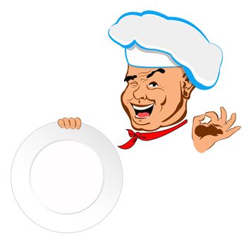 Happy joyful Chef and big plate