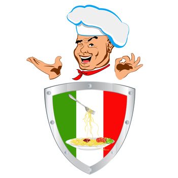 Happy joyful Chef and traditional Italian food
