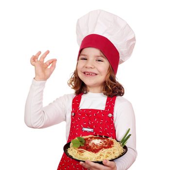 happy little girl cook with spaghetti