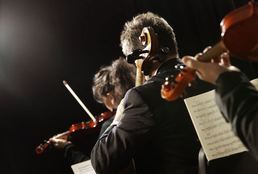 Symphony music, violinist at concert, hand close up