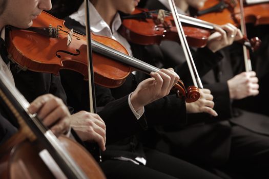 Symphony music, violinist at concert, hand close up