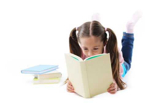 Cute Girl reading a book on white background