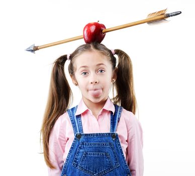Little girl with apple on his head with arrow shot through