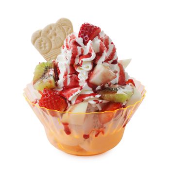 Fruit ice-cream sundae on a white background