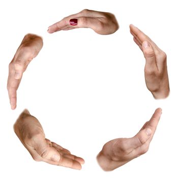 Circle made of various female and male hands isolated over white background.