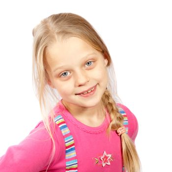 smiling little girl with long hair on a white background