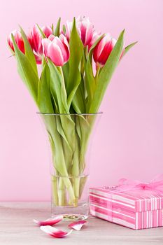 pink and white tulips present ribbon easter birthday symbol festive