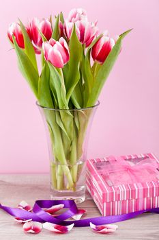 pink and white tulips present ribbon easter birthday symbol festive