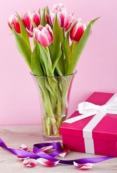 pink and white tulips present ribbon easter birthday symbol festive