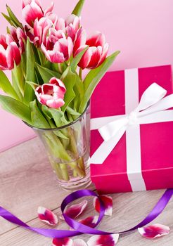 pink and white tulips present ribbon easter birthday symbol festive