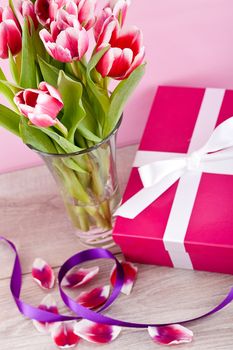 pink and white tulips present ribbon easter birthday symbol festive
