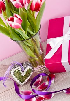 pink and white tulips present ribbon easter birthday symbol festive
