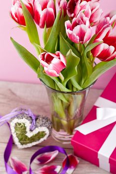pink and white tulips present ribbon easter birthday symbol festive