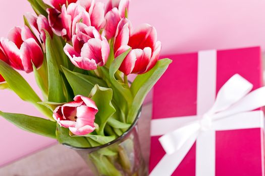 pink and white tulips present ribbon easter birthday symbol festive