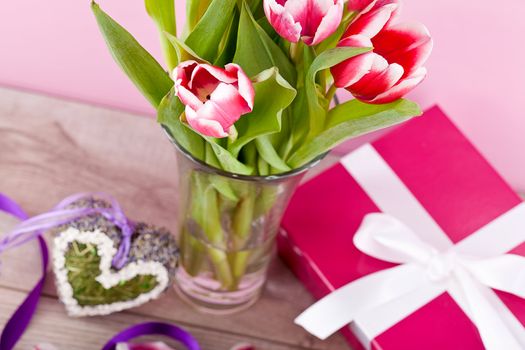 pink and white tulips present ribbon easter birthday symbol festive