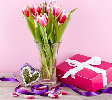 pink and white tulips present ribbon easter birthday symbol festive