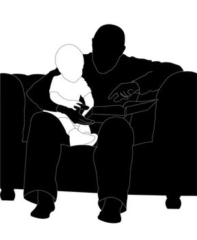 man and child reading a book while sitting in a chair (silhouette)