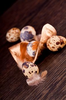 easter decoration with quail eggs on wooden background