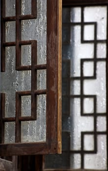 Old Chinese Wooden Window with Glass Characters Beijing, China