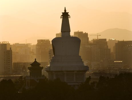 Beihai Stupa Dagoba Park Close at Sunset from Jingshan Park, Beijing, China