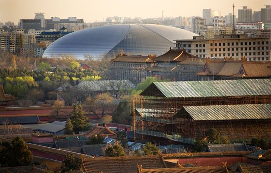 Big Silver Egg Concert Hall Close Up Beijing China Forbidden City in Foreground