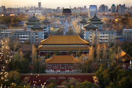 Jinshang Park Looking North at Drum Tower, Beijing, China, Overview