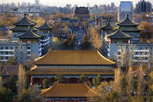 Jinshang Park Looking North at Drum Tower, Beijing, China