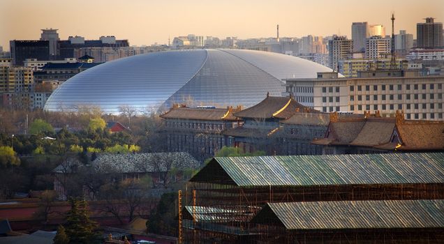 Big Silver Egg Concert Hall Close Up Beijing China Forbidden City in Foreground