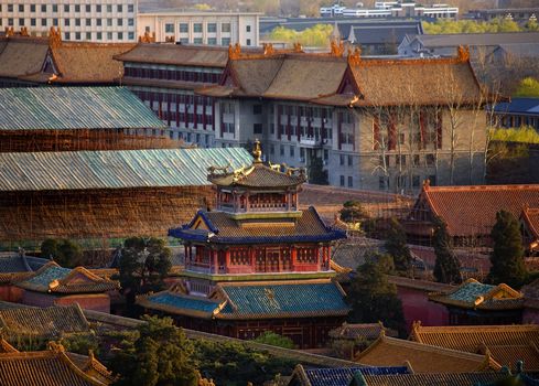 Blue Red Dragon Pavilion among Old Imperials Buidings Forbidden City Beijing China