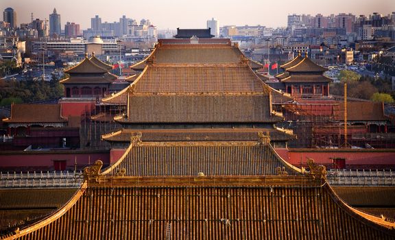 Yellow Roofs Forbidden City Beijing China Taken from Jinshang Park looking towards Tiananmen Square