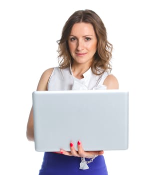 Portrait of a happy young business woman standing with notebook against white background
