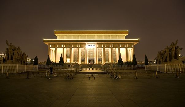 Mao Zedong Tse Tung Tomb Statues Looking North Tiananmen Square Beijing, China Night Shot