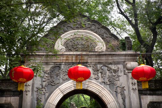 Stone Gate Garden Red Lanterns Prince Gong's Mansion, Beijing China. Built during Emperor Qianlong Reign.