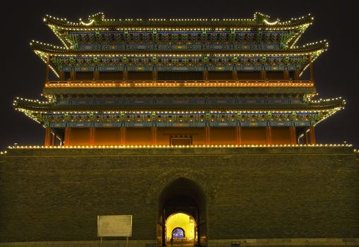 Qianmen Gate Zhengyang Men Looking at Arrow Tower Tiananmen Square Beijing, China Night Shot