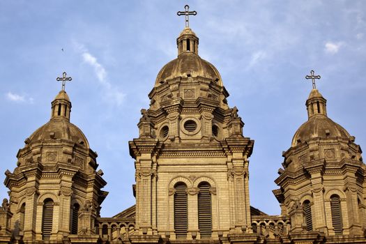 St. Joseph Wangfujing Cathedral, Basilica, Facade Steeples Church Beijing China.  Very famous Catholic Church built in 1655 and in Boxer Rebellion