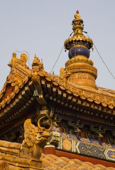 Roofs Figures Decorations Steeple Yonghe Gong Buddhist Lama Temple Beijing China Built in 1694, Yonghe Gong is the largest Buddhist Temple in Beijing.