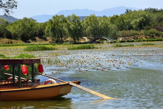 Yellow Boat Red Lantrns Yuanming Yuan Garden Lake Lily Pads Old Summer Palace Willows Beijing China