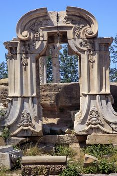 Ancient Gate Ruins Pillars Old Summer Palace Yuanming Yuan Beijing China  Old Summer Palace was destroyed by British and French Army in 1860 Second Opium War Dashuifa built in 1759 by Emperor Qianlong