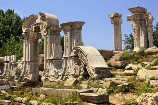 Ancient Gate Ruins Pillars Old Summer Palace Yuanming Yuan Beijing China  Old Summer Palace was destroyed by British and French Army in 1860 Second Opium War Dashuifa built in 1759 by Emperor Qianlong