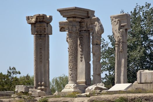 Ancient Ruins Pillars Old Summer Palace Yuanming Yuan Beijing China  Old Summer Palace was destroyed by British and French Army in 1860 Second Opium War