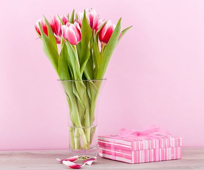 pink and white tulips present ribbon easter birthday symbol festive