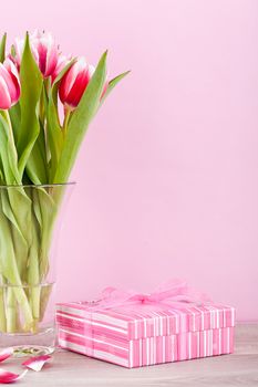 pink and white tulips present ribbon easter birthday symbol festive