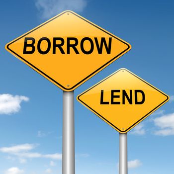 Illustration depicting two roadsigns with a borrow or lend concept. Blue sky background.